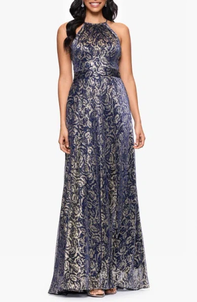 Betsy & Adam Petite Metallic Floral Print Sleeveless Gown