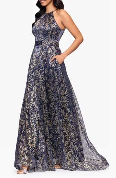 Betsy & Adam Petite Metallic Floral Print Sleeveless Gown