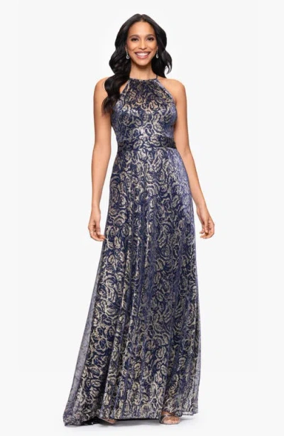 Betsy & Adam Petite Metallic Floral Print Sleeveless Gown
