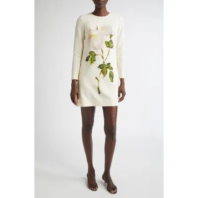 Oscar De La Renta Painted Rose Long Sleeve Wool Blend Shift Dress