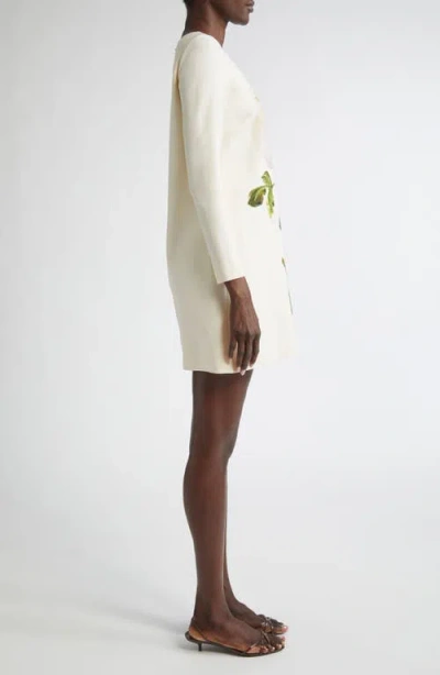 Oscar De La Renta Painted Rose Long Sleeve Wool Blend Shift Dress