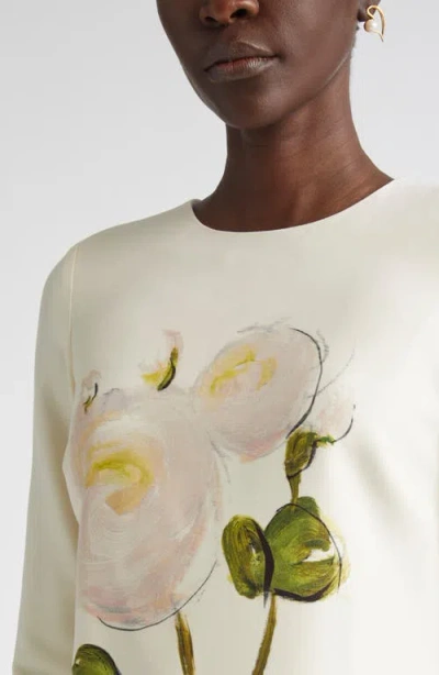 Oscar De La Renta Painted Rose Long Sleeve Wool Blend Shift Dress