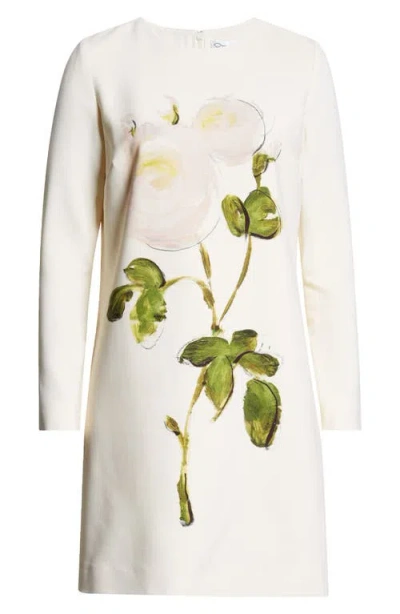 Oscar De La Renta Painted Rose Long Sleeve Wool Blend Shift Dress