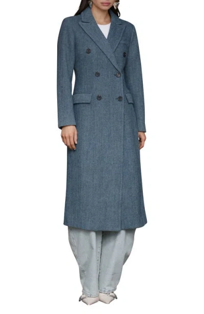 Avec Les Filles Strong Shoulder Double Breasted Herringbone Coat In Blue