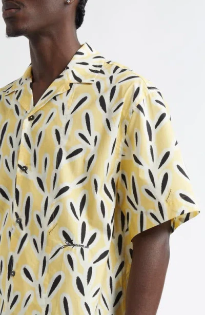 Jacquemus Yellow Cotton Jean Shirt With Playful Leaf Pattern