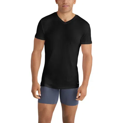 Tommy John 3-pack Second Skin Stay Tucked V-neck Undershirts In Black