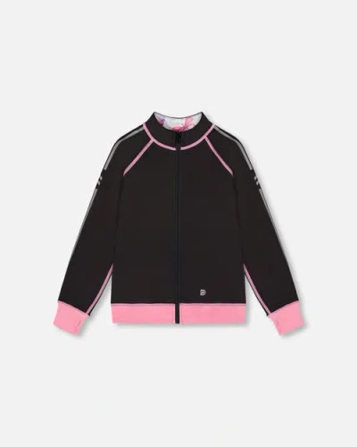 Deux Par Deux Girl's Printed Reversible Full Zip Athletic Cardigan Pink, Blue And Butterflies