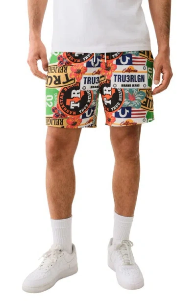 True Religion Logo Print Board Shorts In Multi