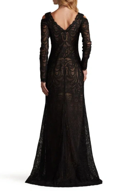 Tadashi Shoji Cold Shoulder Long Sleeve Velvet Lace Gown