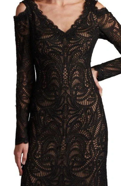 Tadashi Shoji Cold Shoulder Long Sleeve Velvet Lace Gown