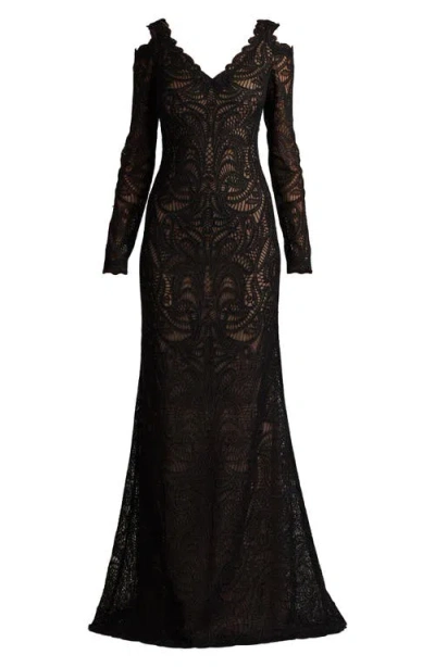 Tadashi Shoji Cold Shoulder Long Sleeve Velvet Lace Gown