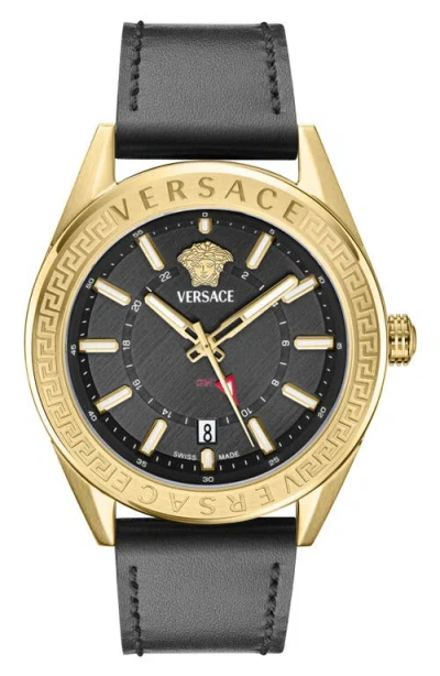 Versace V-code Gmt Leather Strap Watch, 42mm