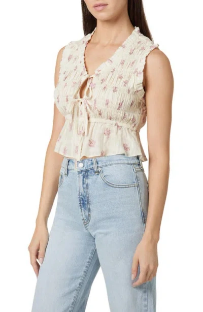 Habitual Cotton Shirred Tie Front Top In Neutral