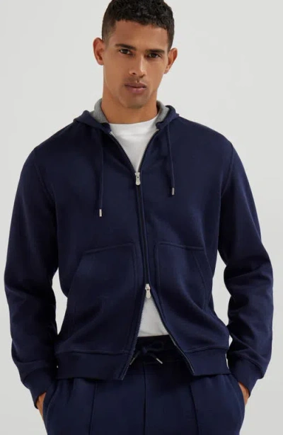 Brunello Cucinelli Cotton-cashmere-silk-blend Hoodie In Blue
