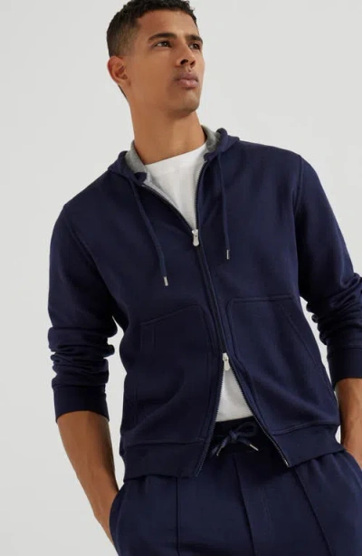 Brunello Cucinelli Cotton-cashmere-silk-blend Hoodie In Blue