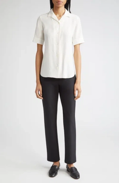 Lafayette 148 New York Matte Silk Notch Collar Slim Short Sleeve Button-up Shirt In White