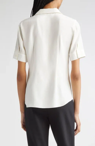 Lafayette 148 New York Matte Silk Notch Collar Slim Short Sleeve Button-up Shirt In White