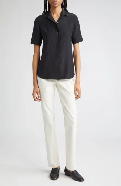 Lafayette 148 New York Matte Silk Notch Collar Slim Short Sleeve Button-up Shirt In Black