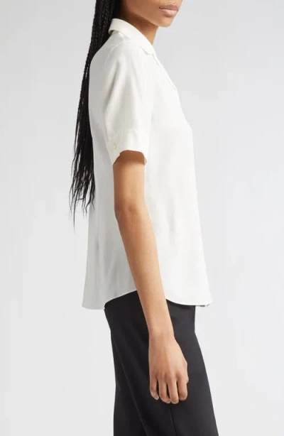 Lafayette 148 New York Matte Silk Notch Collar Slim Short Sleeve Button-up Shirt In White