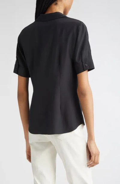 Lafayette 148 New York Matte Silk Notch Collar Slim Short Sleeve Button-up Shirt In Black