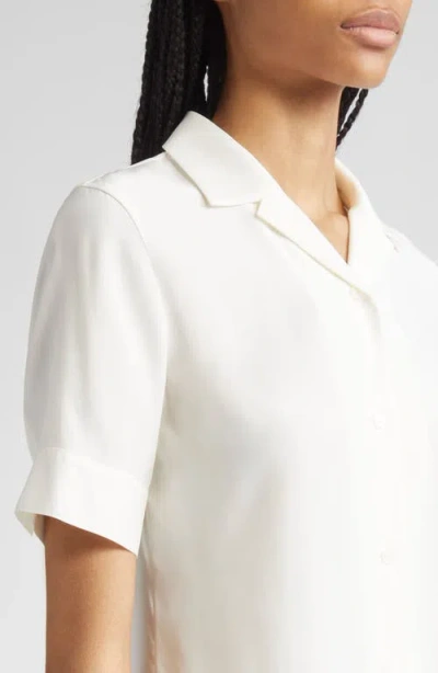 Lafayette 148 New York Matte Silk Notch Collar Slim Short Sleeve Button-up Shirt In White