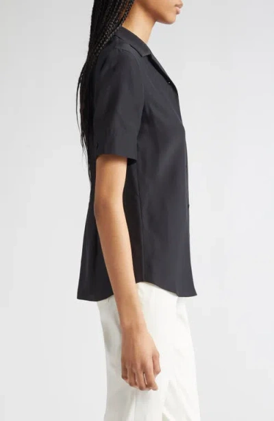 Lafayette 148 New York Matte Silk Notch Collar Slim Short Sleeve Button-up Shirt In Black