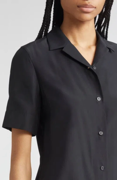 Lafayette 148 New York Matte Silk Notch Collar Slim Short Sleeve Button-up Shirt In Black