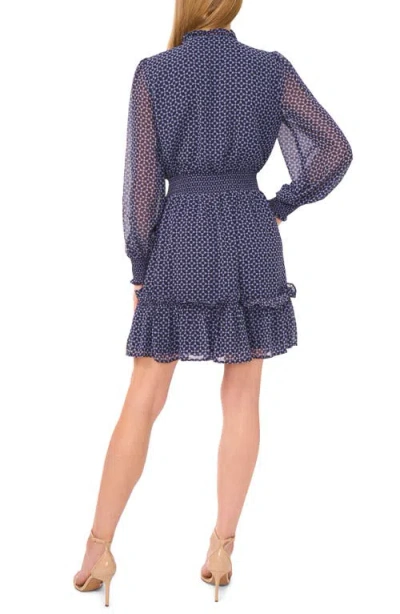 Cece Geo Print Smocked Waist Long Sleeve Dress In Blue