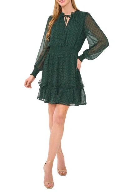 Cece Geo Print Smocked Waist Long Sleeve Dress In Green