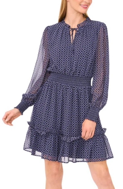 Cece Geo Print Smocked Waist Long Sleeve Dress In Blue