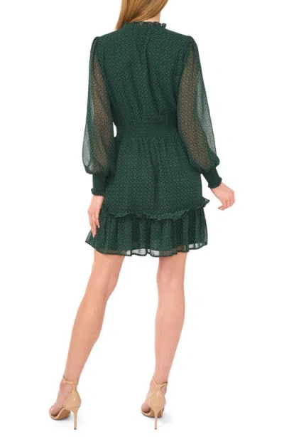 Cece Geo Print Smocked Waist Long Sleeve Dress In Green