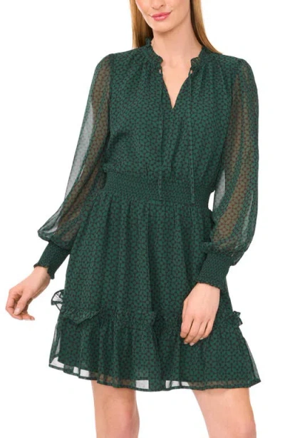 Cece Geo Print Smocked Waist Long Sleeve Dress In Green