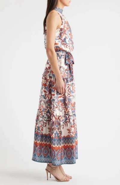 Julia Jordan Sleeveless Tiered Mock Neck Waist Tie Dress In Multi