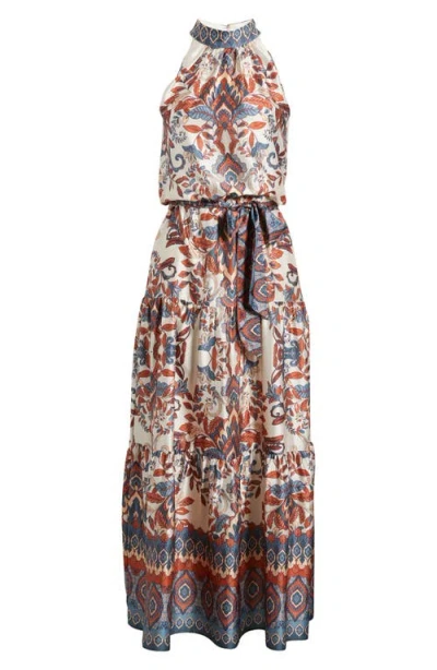 Julia Jordan Sleeveless Tiered Mock Neck Waist Tie Dress In Multi