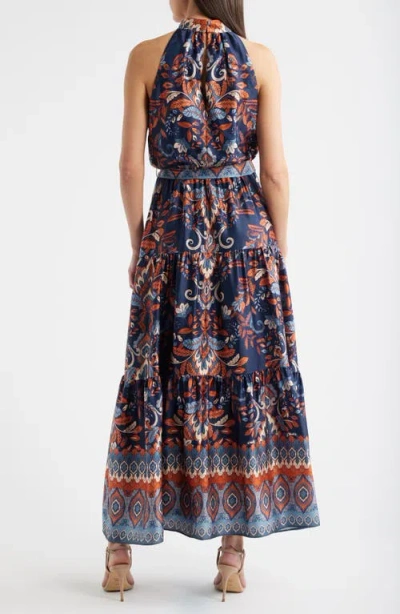 Julia Jordan Sleeveless Tiered Mock Neck Waist Tie Dress In Multi