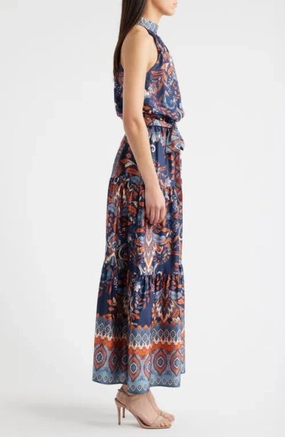 Julia Jordan Sleeveless Tiered Mock Neck Waist Tie Dress In Multi