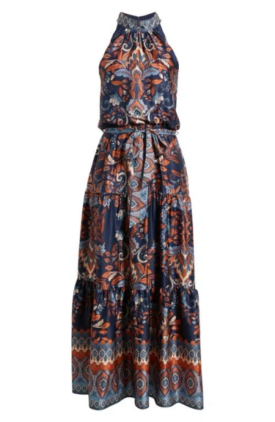 Julia Jordan Sleeveless Tiered Mock Neck Waist Tie Dress In Multi
