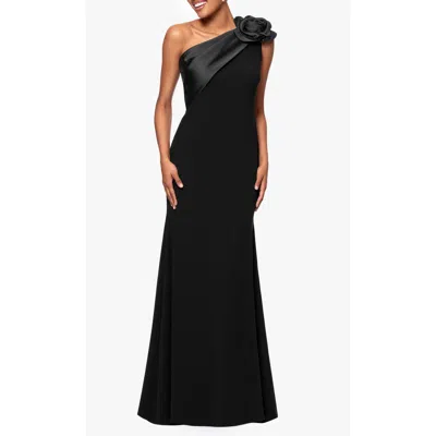 Betsy & Adam Rosette One-shoulder Crepe Trumpet Gown In Black