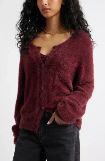 Bp. Fuzzy Scoop Neck Cardigan In Burgundy