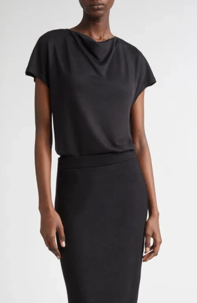 Vince Cowl-neck Cap-sleeve Satin Blouse In Black