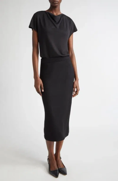 Vince Cowl-neck Cap-sleeve Satin Blouse In Black