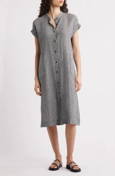 Eileen Fisher Striped Organic Linen Midi Dress In Gray