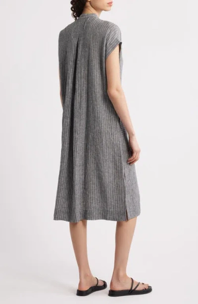 Eileen Fisher Striped Organic Linen Midi Dress In Gray