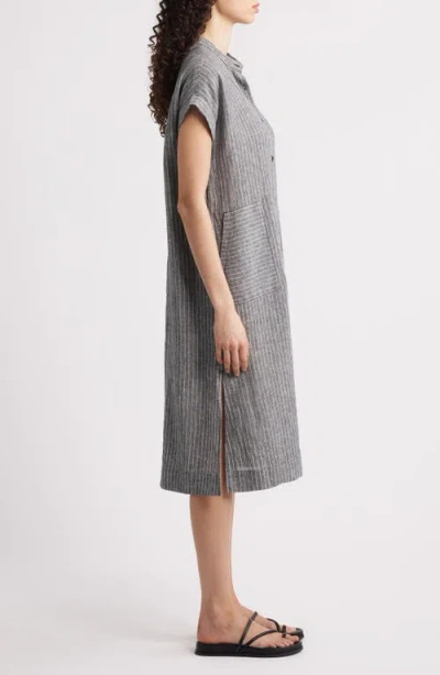 Eileen Fisher Striped Organic Linen Midi Dress In Gray