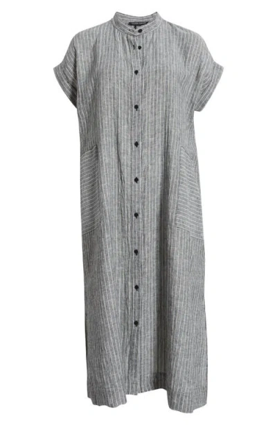 Eileen Fisher Striped Organic Linen Midi Dress In Gray