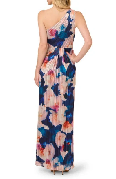 Adrianna Papell Pleated Floral One-shoulder Chiffon Gown In Multi