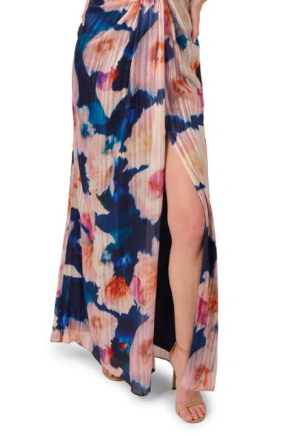 Adrianna Papell Pleated Floral One-shoulder Chiffon Gown In Multi