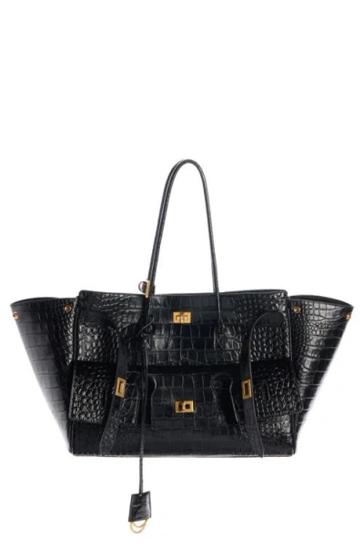 Balenciaga Medium Bel Air Carry All Croc Emobssed Leather Tote