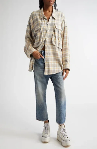 R13 Oversize Pocket Drop Neck Flannel Button-up Shirt
