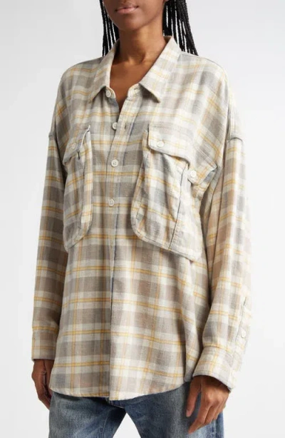 R13 Oversize Pocket Drop Neck Flannel Button-up Shirt